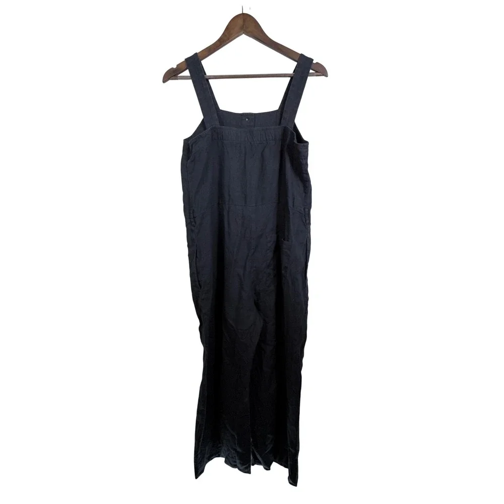 Everlane Black Linen Picnic Jumpsuit Button Front Cropped Wide Leg Size 6